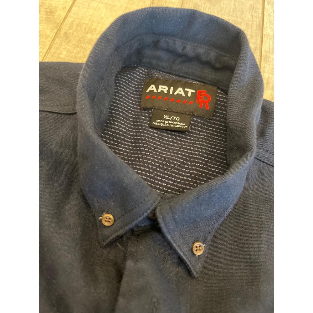 Ariat FR Mens XL Navy Blue Flame Resistant Work Shirt Watco‎ Logo NFPA 2112 CAT2
